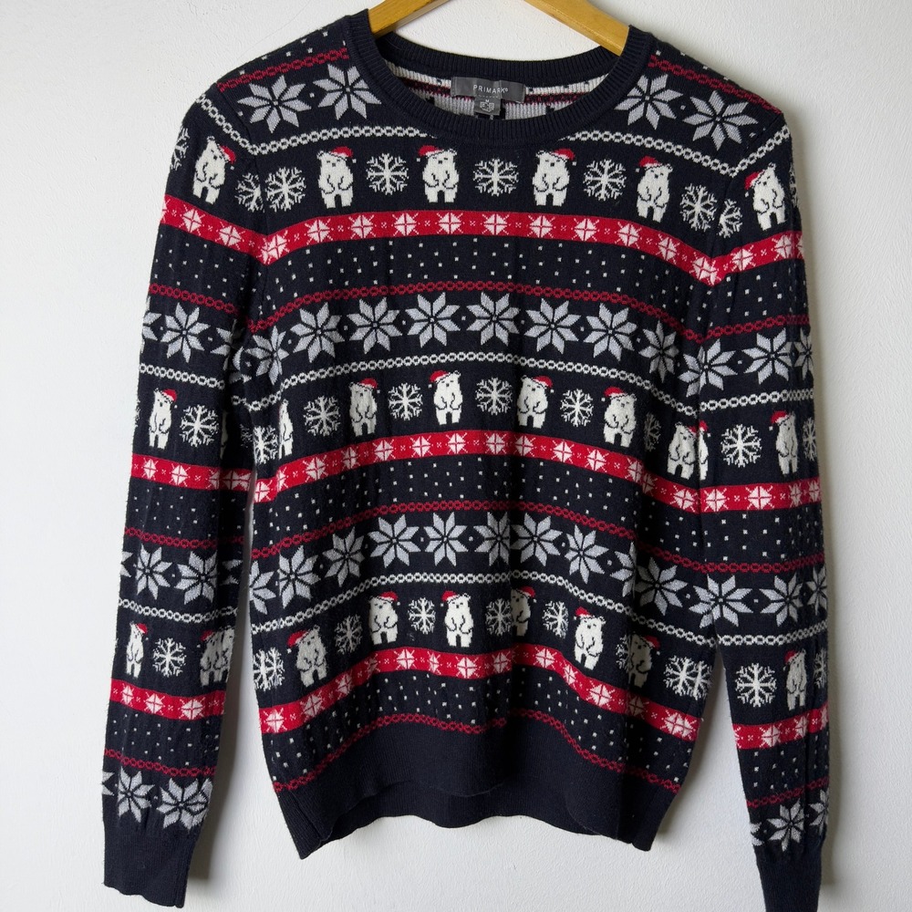 Primark Christmas Sweater Women's M Black Polar Bear Snowflake Holiday Knit